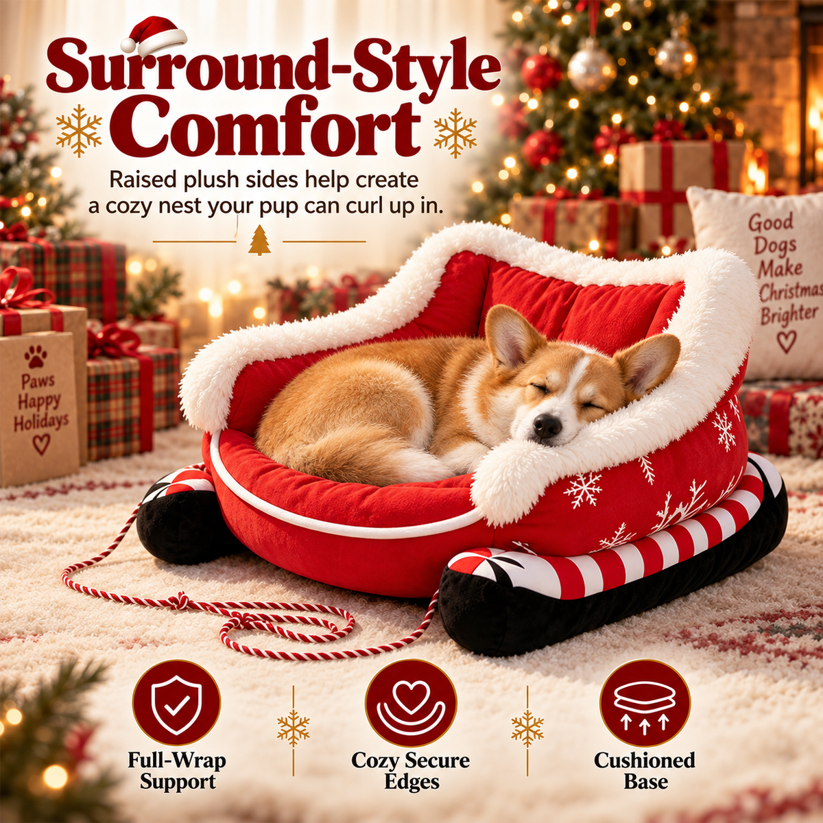 🎄Their Own Christmas Sleigh – Cozy Plush Pet Bed for Dogs & Cats