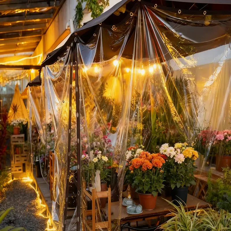 Clear tarp used around a protected flower and plant area