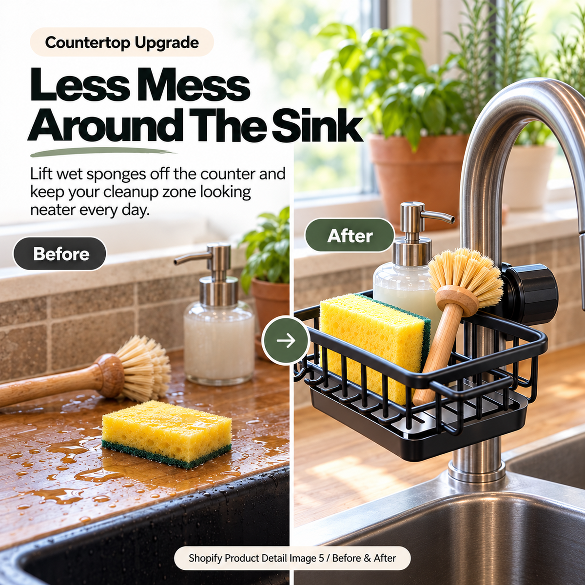 🧽✨Faucet-Mounted Kitchen Sink Organizer – Adjustable No-Drill Sponge & Brush Holder with Removable Drip Tray, Space-Saving Storage Caddy