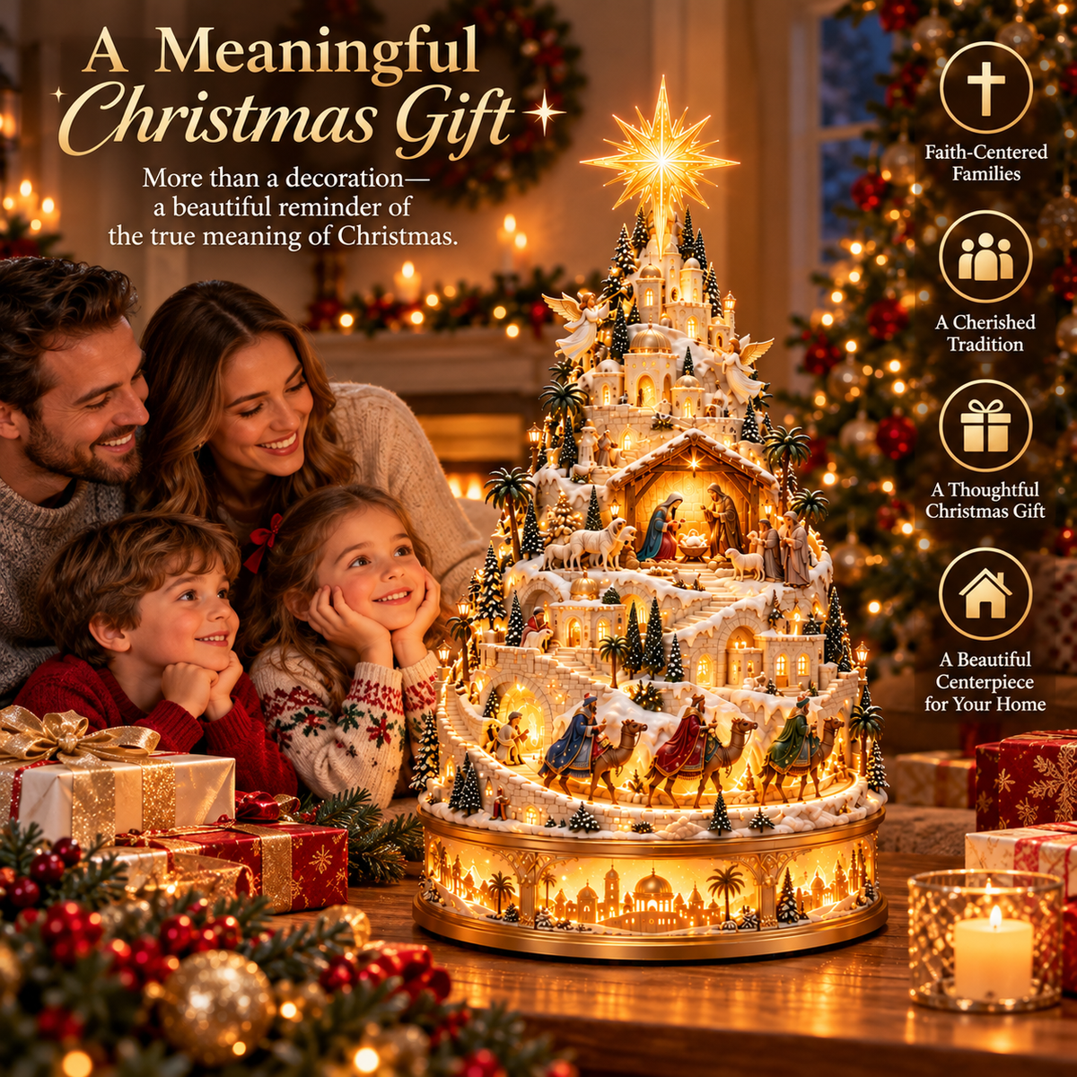 Family enjoying a Nativity Christmas village decoration