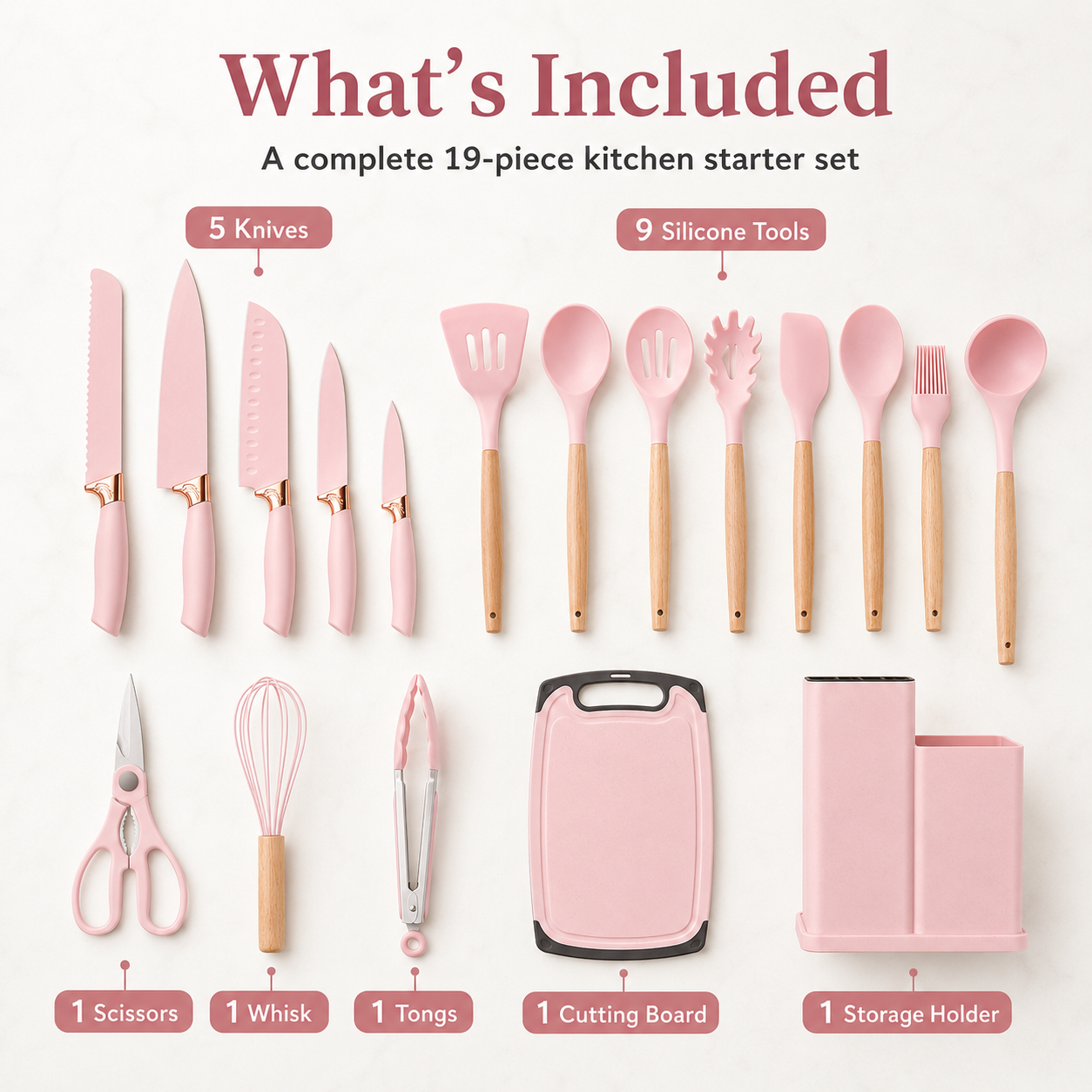 Complete 19 piece kitchen set including knives silicone tools scissors whisk tongs cutting board and holder