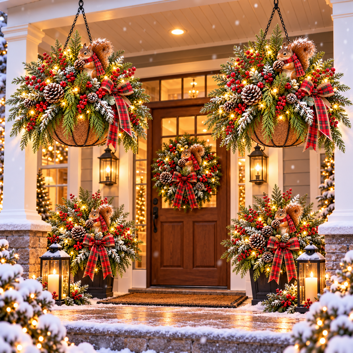 🎄✨ 50% OFF | Cedar Squirrel Christmas Hanging Basket™ – Pre-Lit Woodland Holiday Porch Decor with Pinecones, Red Berries & Plaid Bow 🐿️