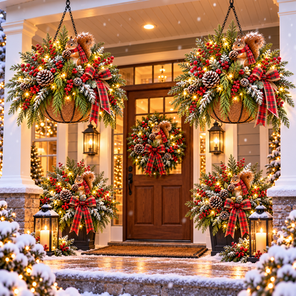 🎄✨ 50% OFF | Cedar Squirrel Christmas Hanging Basket™ – Pre-Lit Woodland Holiday Porch Decor with Pinecones, Red Berries & Plaid Bow 🐿️