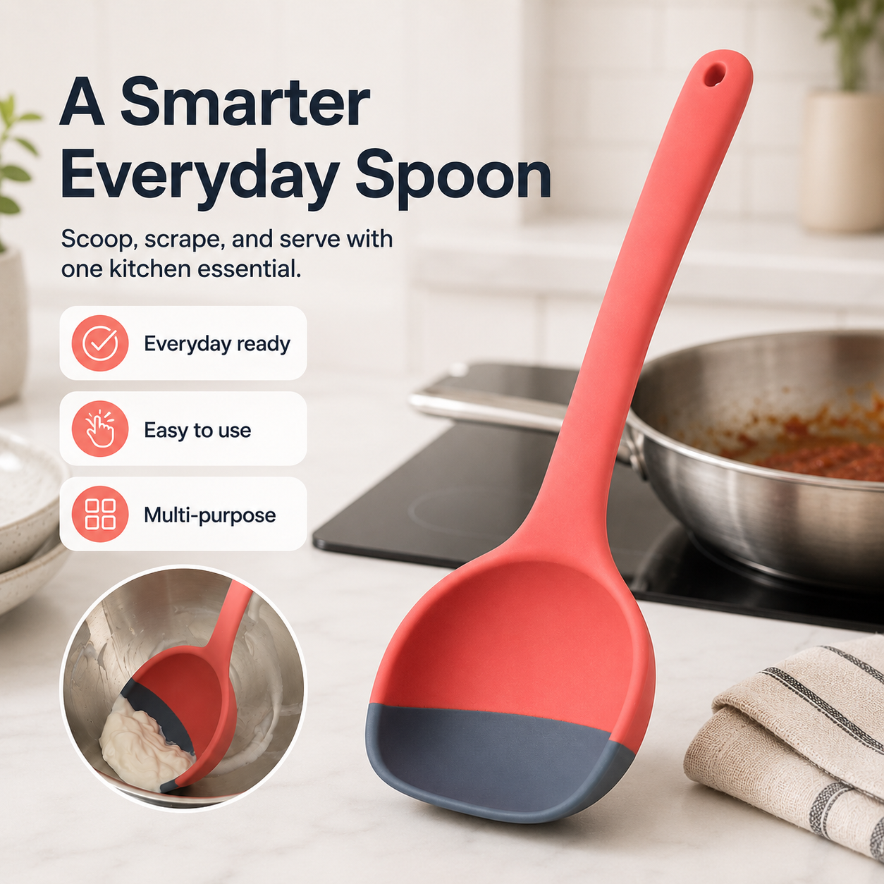 🥄 2-in-1 Silicone Scoop & Scraper Spoon – Multi-Purpose Cooking & Serving Utensil