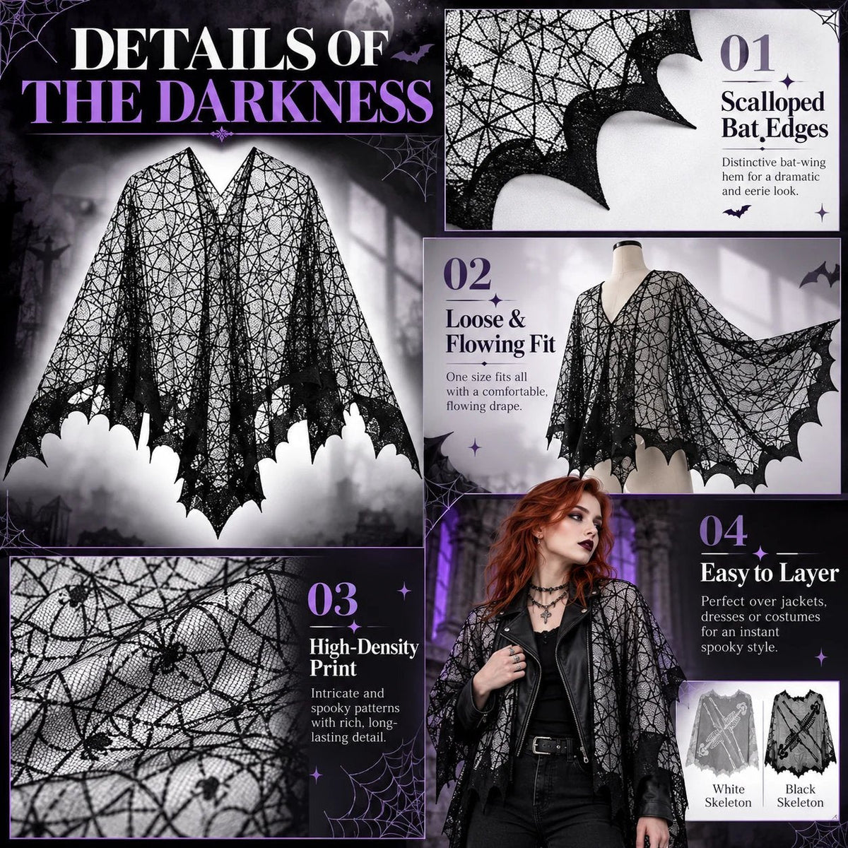 🕸️ Spider Web Bat Wing Halloween Cape – 150 × 150 cm Gothic Costume Shawl