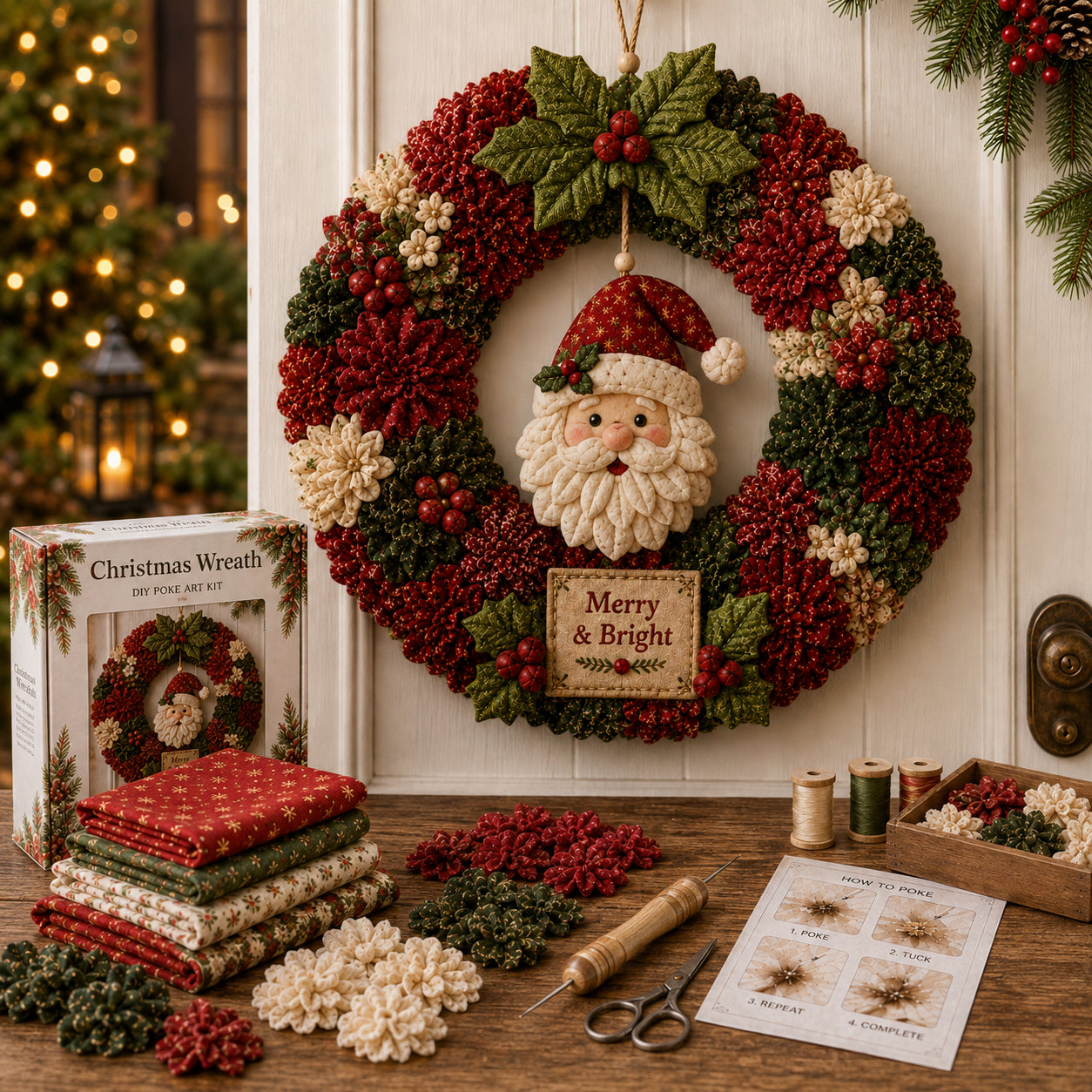 3D fabric poke Christmas wreath DIY kit with fabrics poke tool and finished Santa wreath