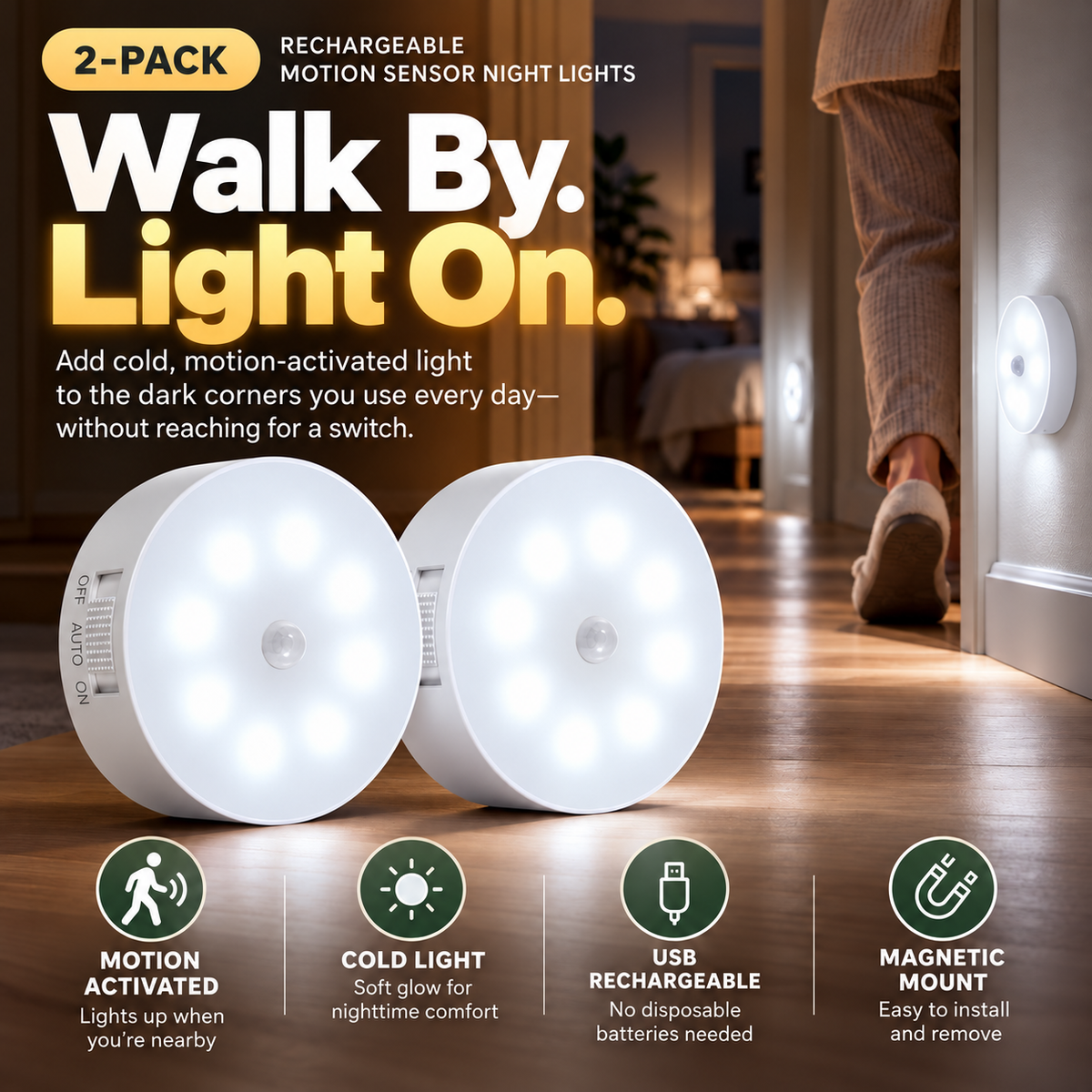 🧲 Magnetic Motion Sensor Night Light 2-Pack – USB Rechargeable Closet & Hallway Lights