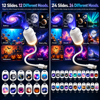 🌙 Galaxy Projector Night Light – 24 HD Slides, USB Powered & 360° Adjustable