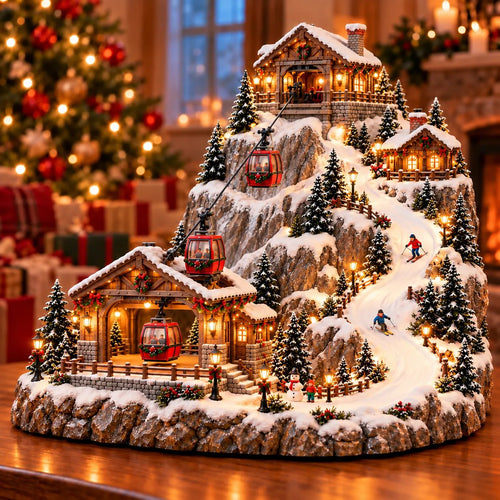 Animated Christmas Mountain Cable Car & Ski Village Scene ✨✨