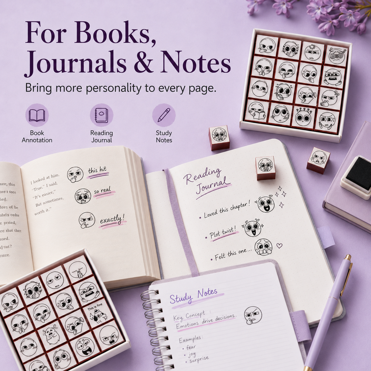 Reaction stamps used in books reading journals and study notes