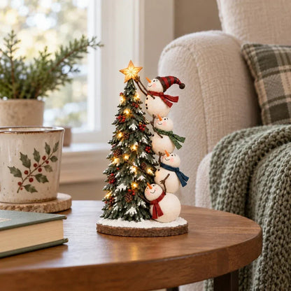 ⛄ Four Snowmen Light-Up Christmas Tree Figurine – LED Holiday Tabletop Decoration