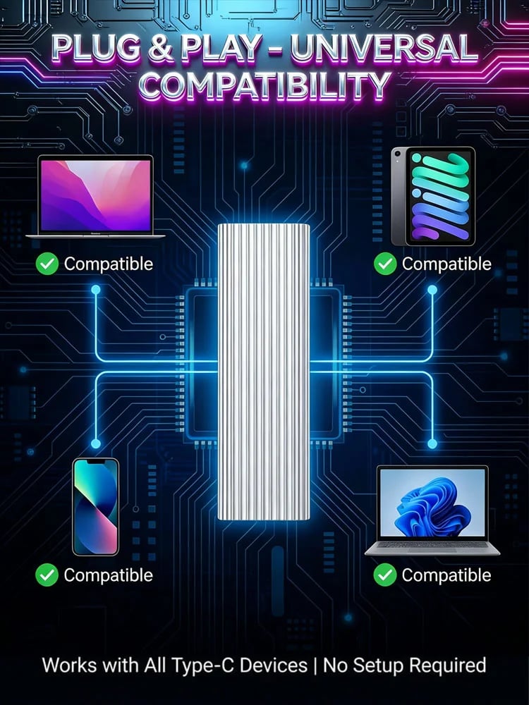 Portable drive shown with compatible Type-C devices