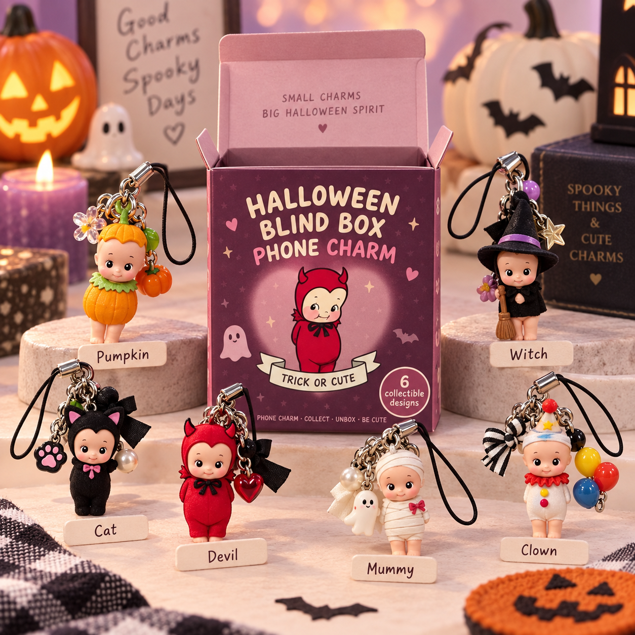 🎃 Halloween Mystery Blind Box Phone Charm – 1 of 6 Spooky-Cute Collectible Designs
