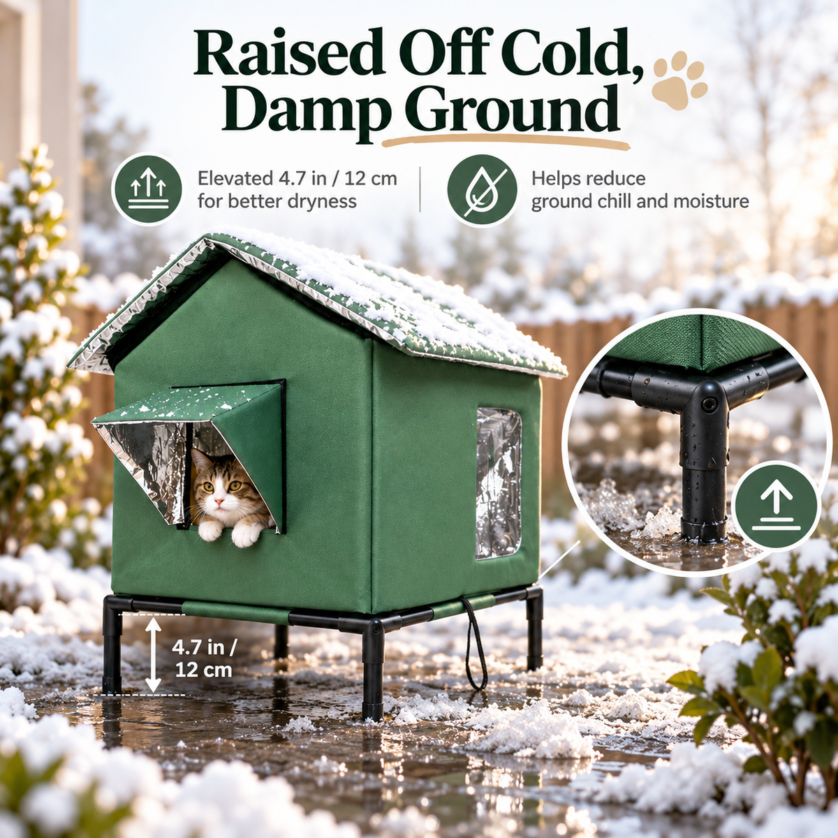 Outdoor cat house elevated 4.7 inches above cold wet ground