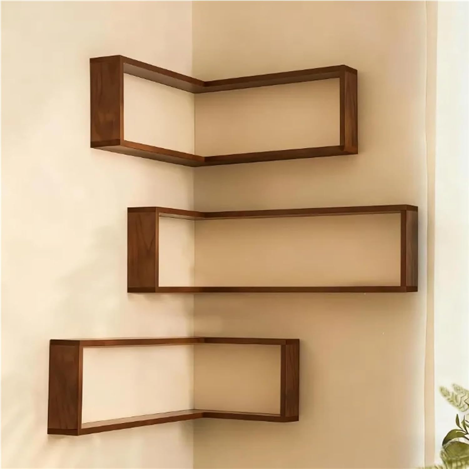 Floating corner shelves installed vertically on a wall