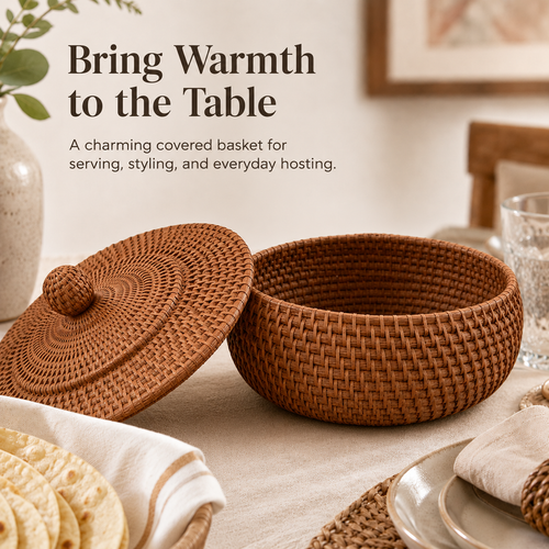🧺 Woven Tortilla Basket With Lid – Covered Bread & Table Serving Basket