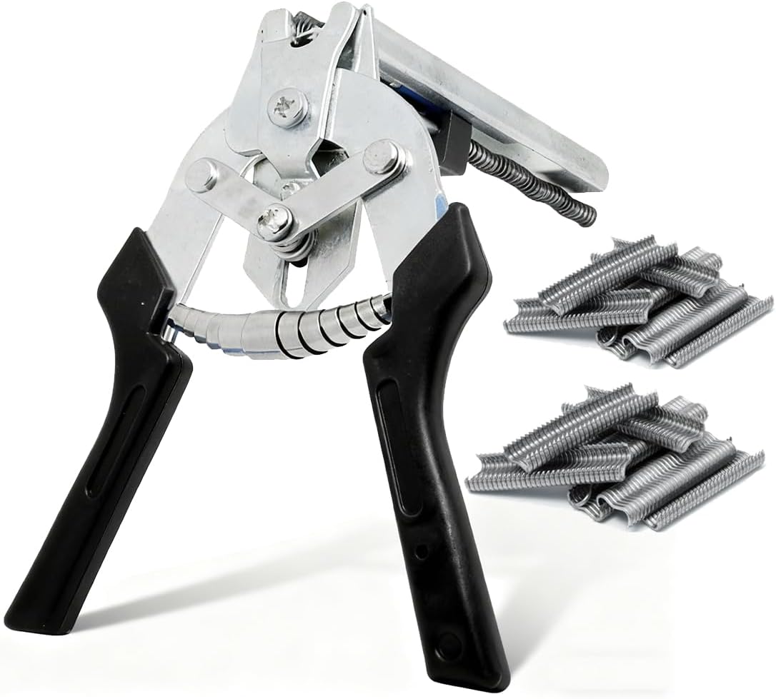 M-Type Hog Ring Pliers Kit - Heavy Duty Automatic Feeding Cage Clamp Tool with 600 Galvanized M-Clips for Upholstery, Fencing, and Commercial Animal Cage Installation (Black)