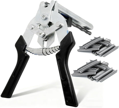 M-Type Hog Ring Pliers Kit - Heavy Duty Automatic Feeding Cage Clamp Tool with 600 Galvanized M-Clips for Upholstery, Fencing, and Commercial Animal Cage Installation (Black)