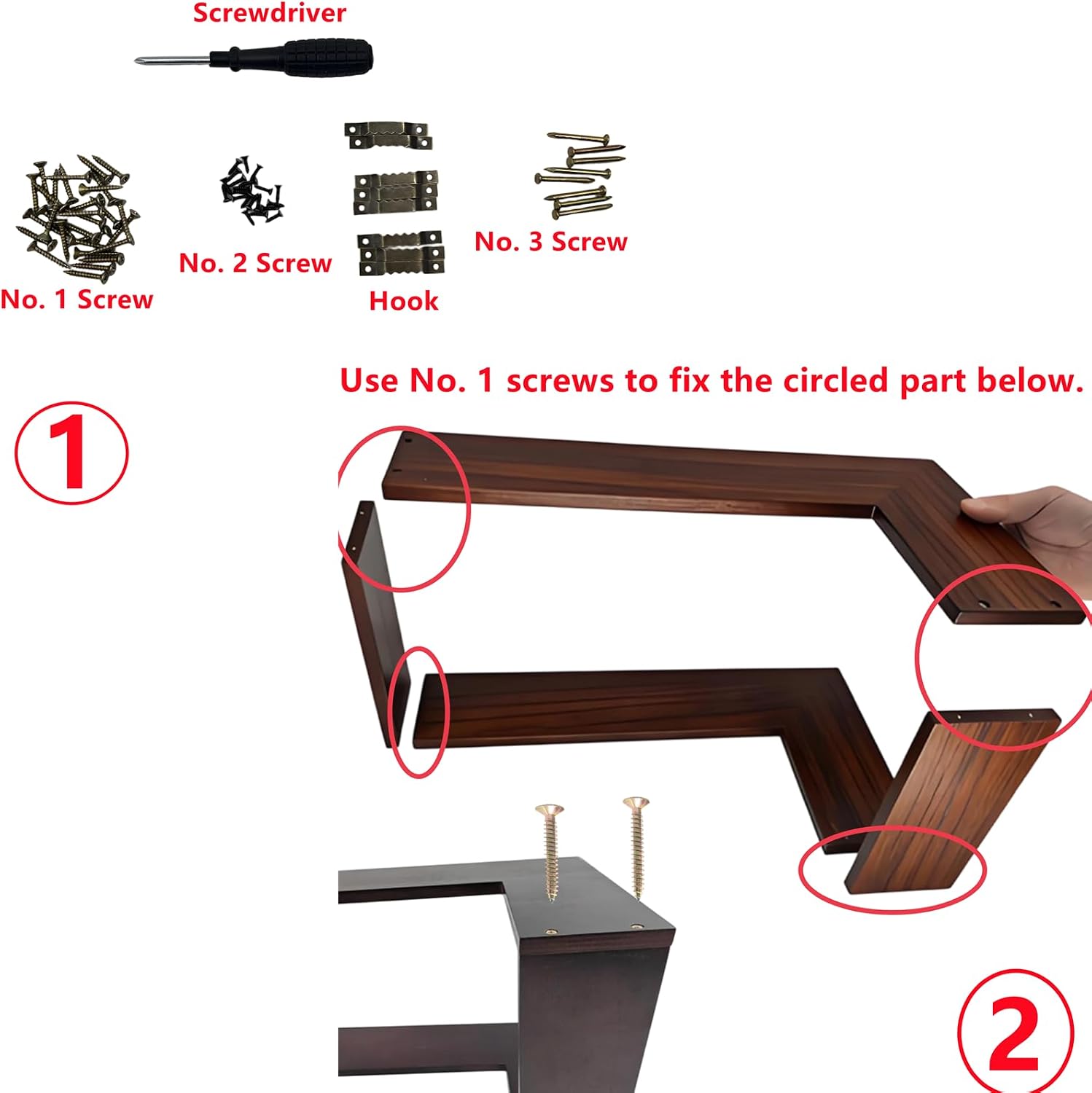 Corner shelf assembly instructions with screws and screwdriver