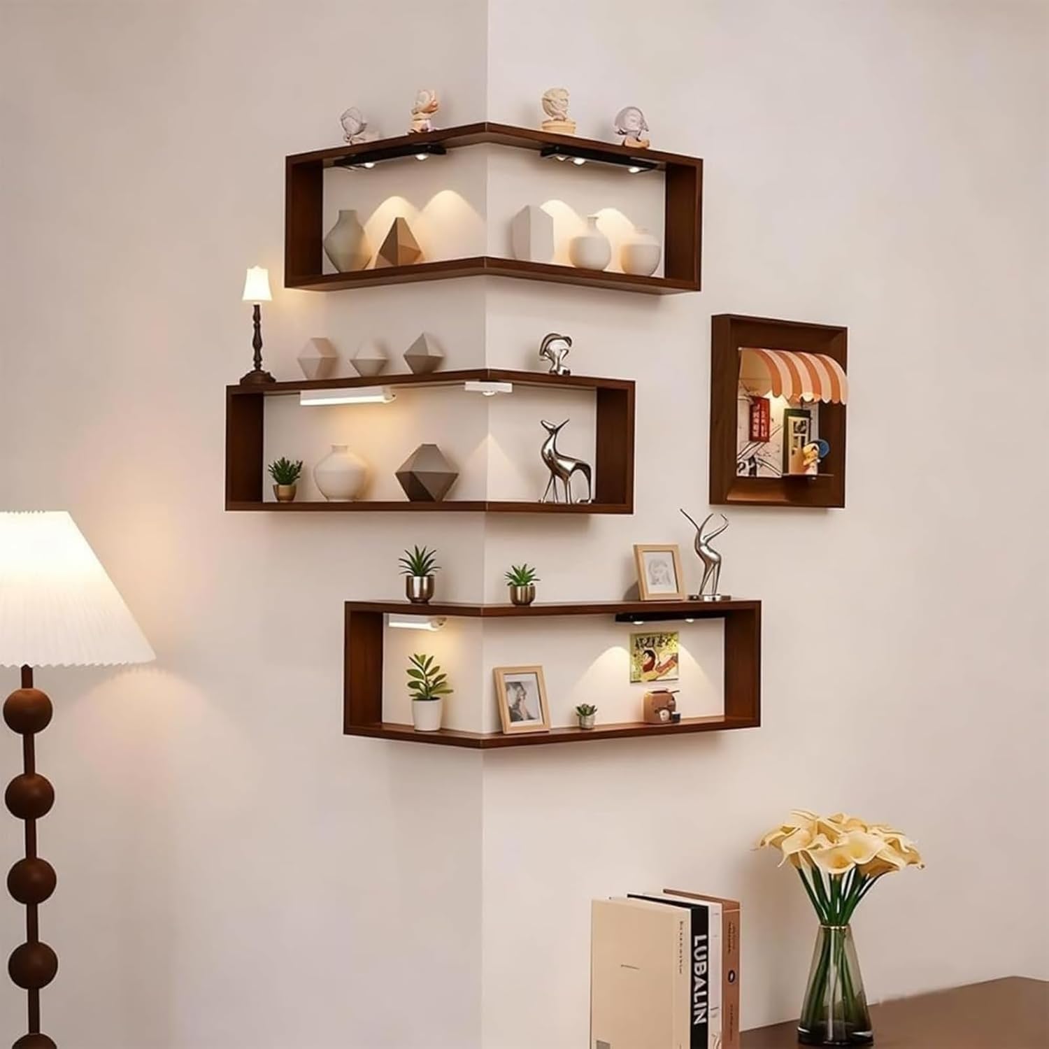 Modern corner shelving used for home decor and plants