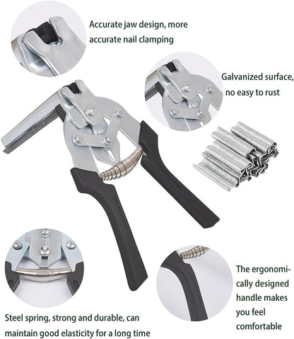 M-Type Hog Ring Pliers Kit - Heavy Duty Automatic Feeding Cage Clamp Tool with 600 Galvanized M-Clips for Upholstery, Fencing, and Commercial Animal Cage Installation (Black)