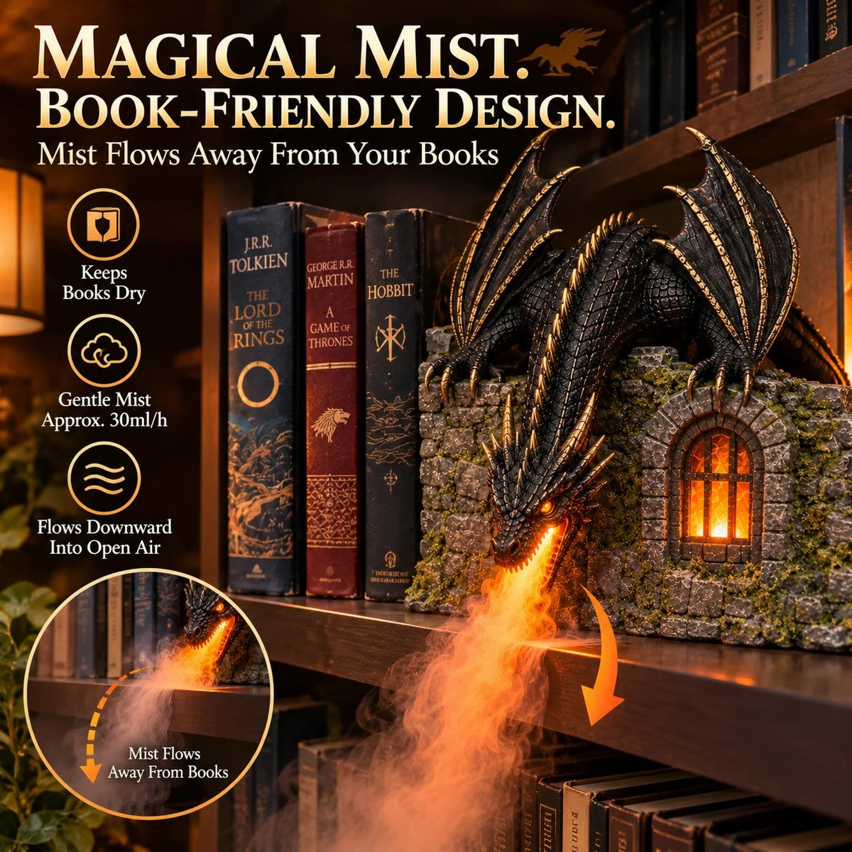 🐉 Dragon Mist Diffuser – Glowing Fire-Breathing Fantasy Bookshelf Decor