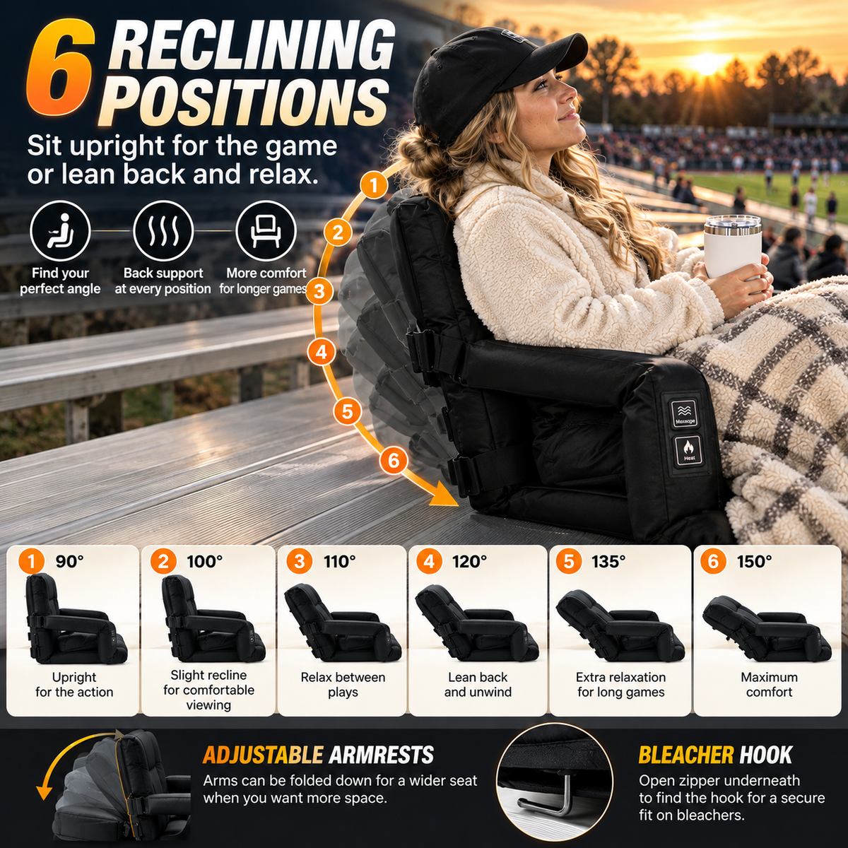 🔥 Heated & Massaging Bleacher Seat – 3 Heat Levels, 6 Reclining Positions