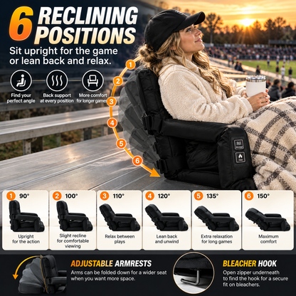 🔥 Heated & Massaging Bleacher Seat – 3 Heat Levels, 6 Reclining Positions