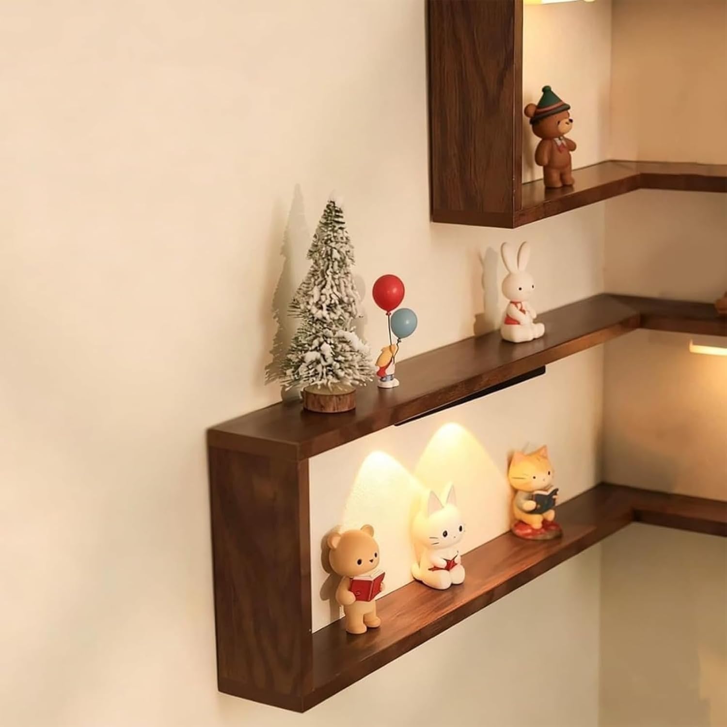 Corner shelves displaying figurines with integrated lights