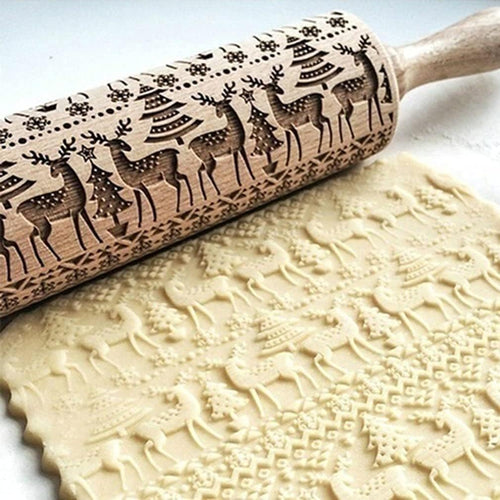 🎄 Christmas Embossed Rolling Pin – Wooden Cookie Pattern Roller for Festive Baking