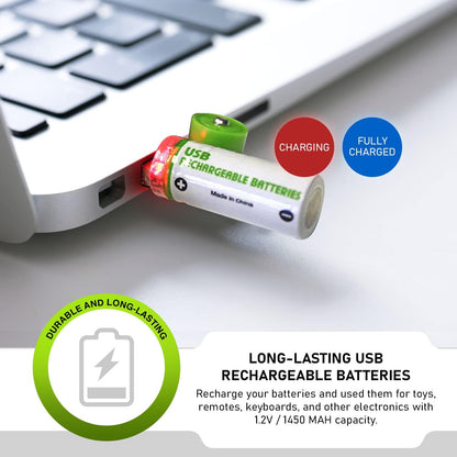 4-Pack USB Rechargeable AA & AAA Batteries – Built-In USB Charging
