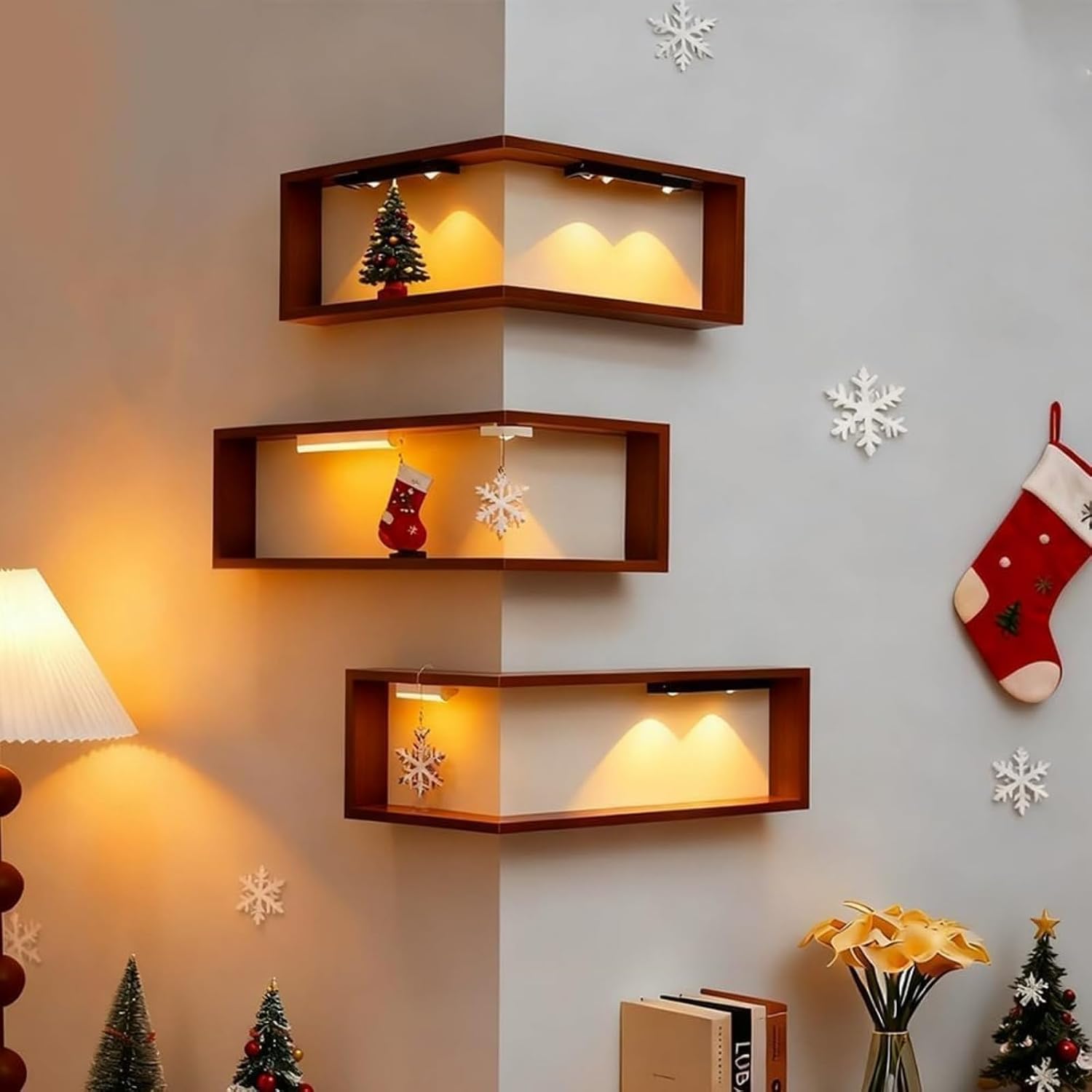 Lighted floating corner shelves decorated for Christmas