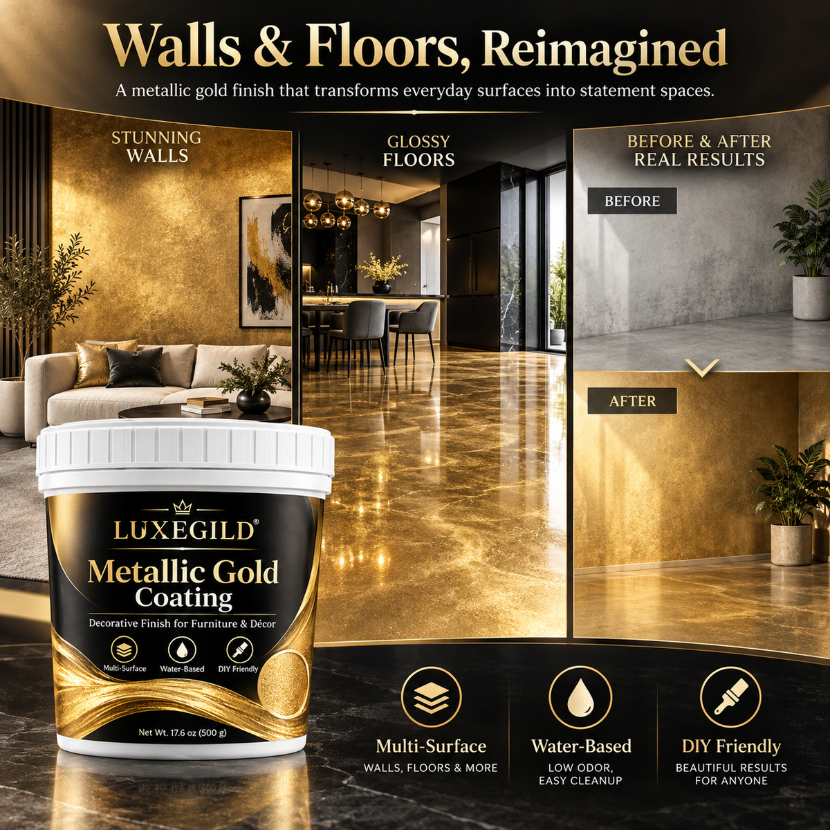 Metallic gold wall and floor inspired applications