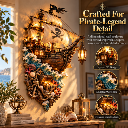 🏴‍☠️ Illuminated Pirate Ship Wall Sculpture – Nautical Treasure Lantern Décor