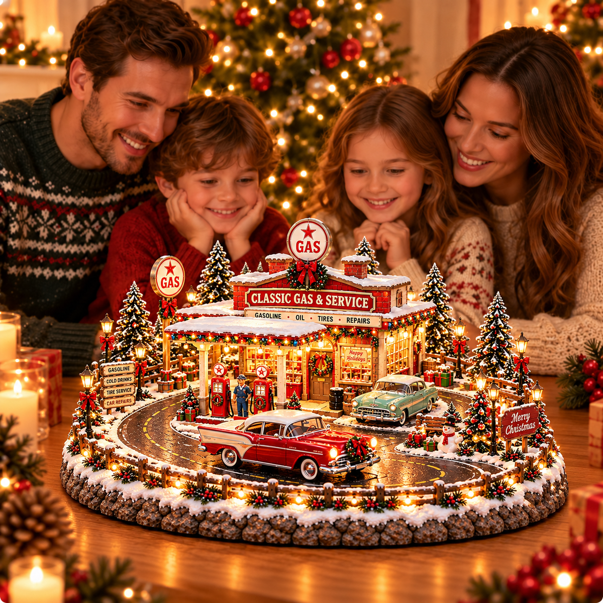 🚗 Lighted Classic Gas Station Christmas Village | Vintage Roadside Décor