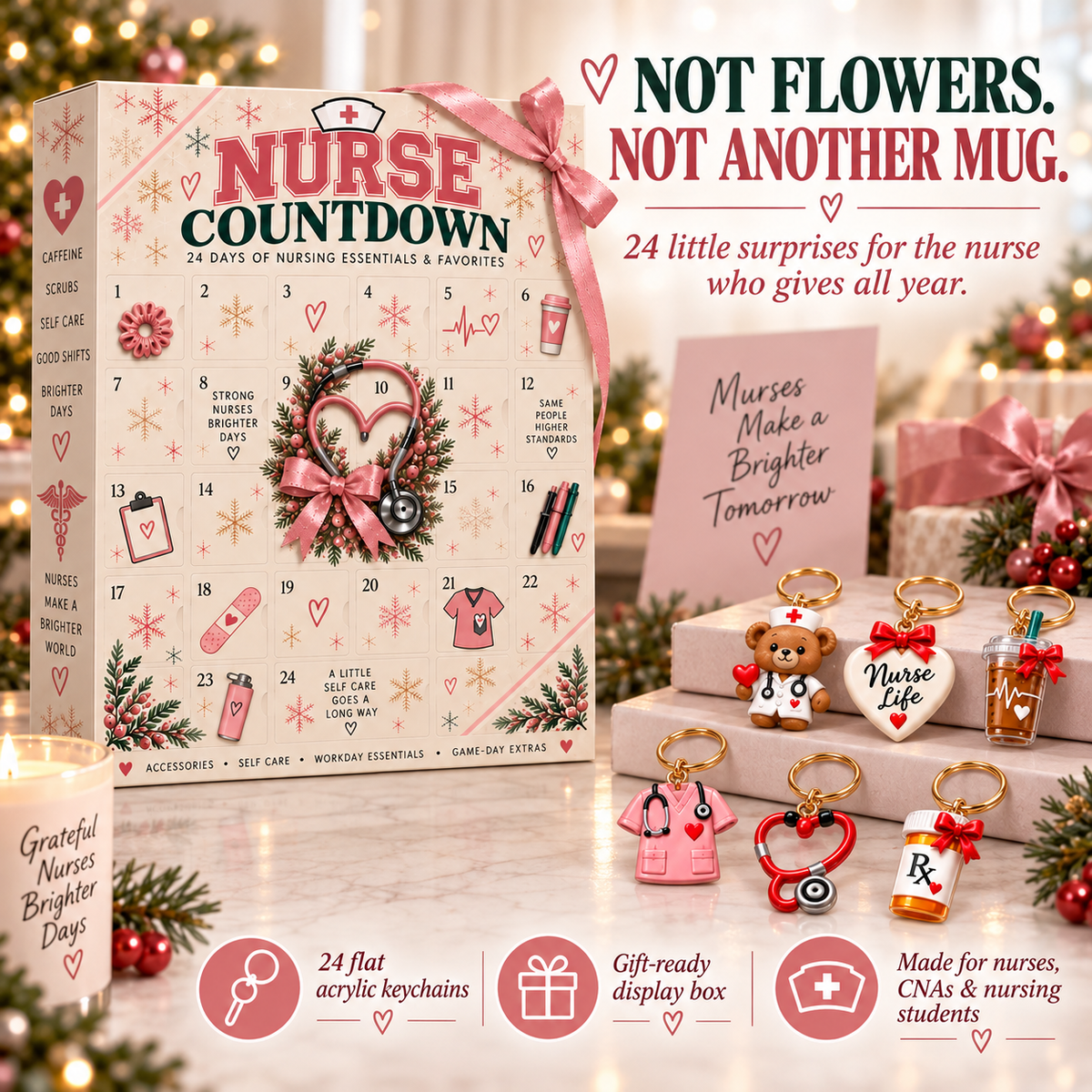 🎄 24-Day Nurse Appreciation Advent Calendar – 24 Nurse-Themed Keychains