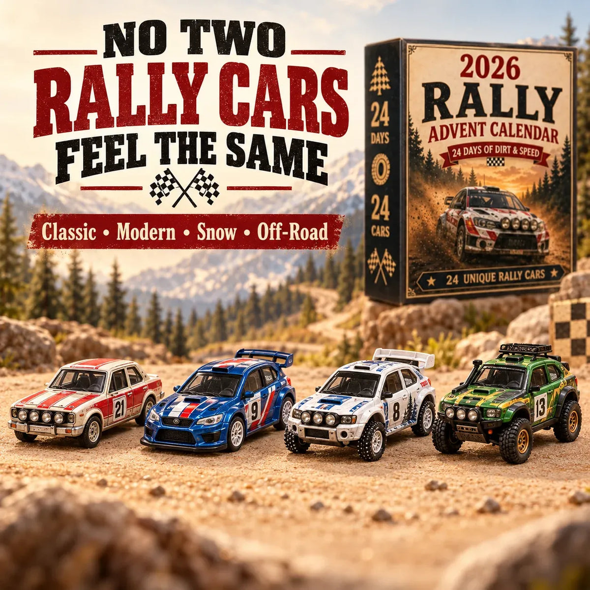 Variety of miniature cars with different rally-inspired designs