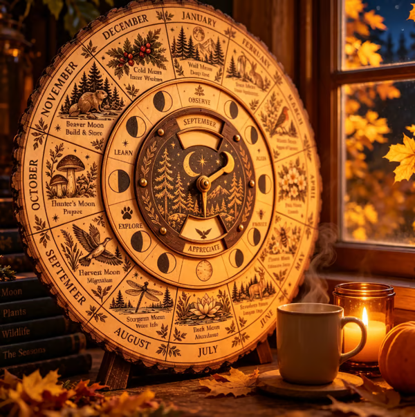 🌕 Handcrafted Wooden Moon Wheel — 12 Full Moon Names & Seasonal Nature Guide