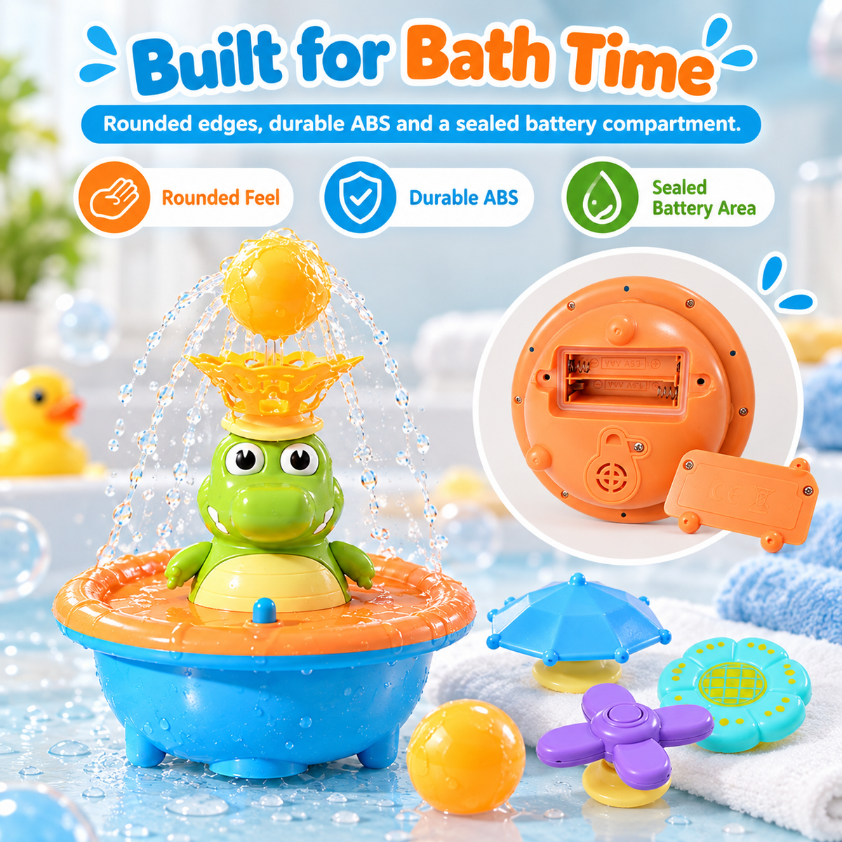 🐊 Floating Crocodile Bath Sprinkler Toy | 4 Spray Tops & Light-Up Water Play