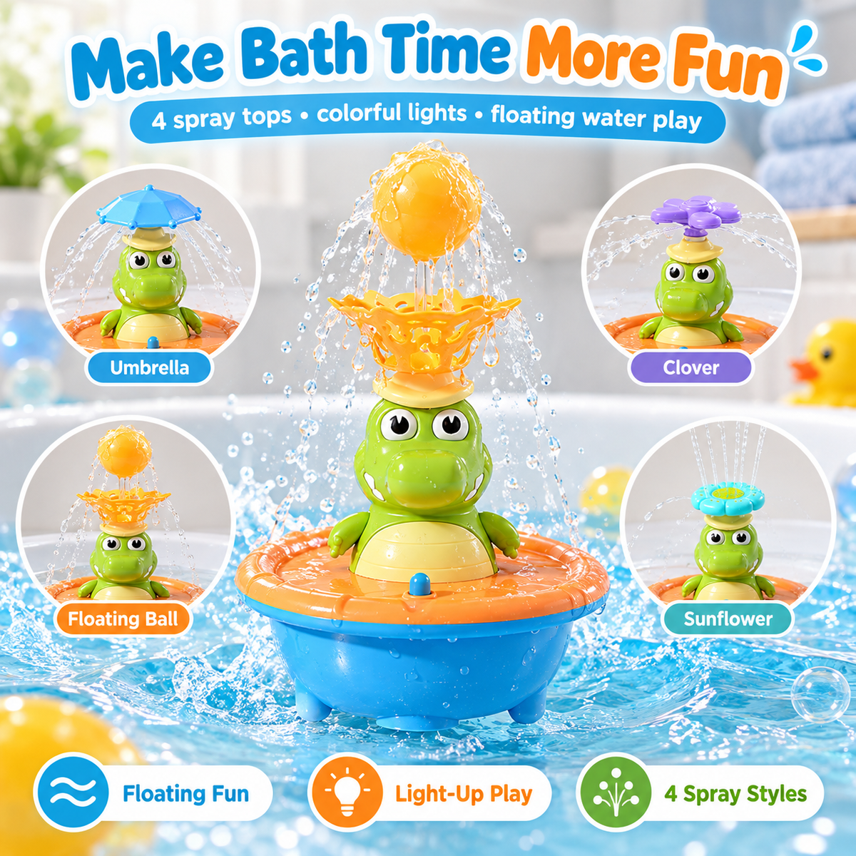 🐊 Floating Crocodile Bath Sprinkler Toy | 4 Spray Tops & Light-Up Water Play