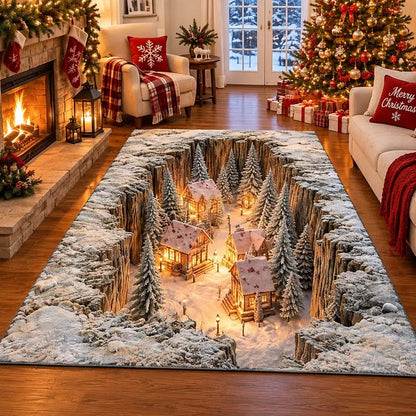 🎄 Optical Illusion Christmas Village Rug – Hidden Winter Scene Floor Decor ✨