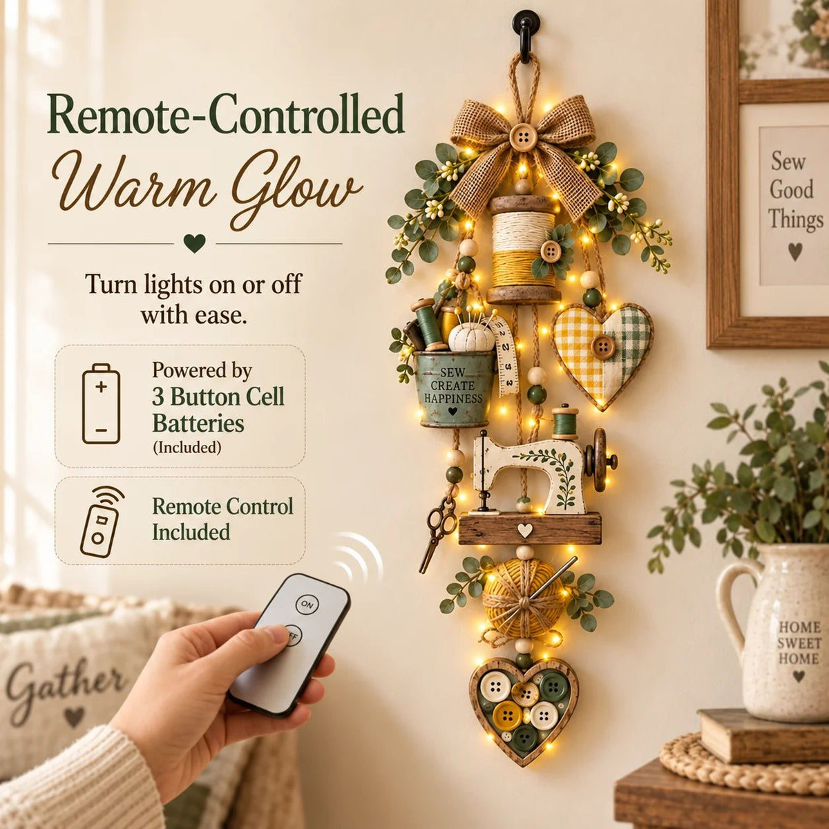 Lighted sewing-themed hanging ornament controlled with included remote