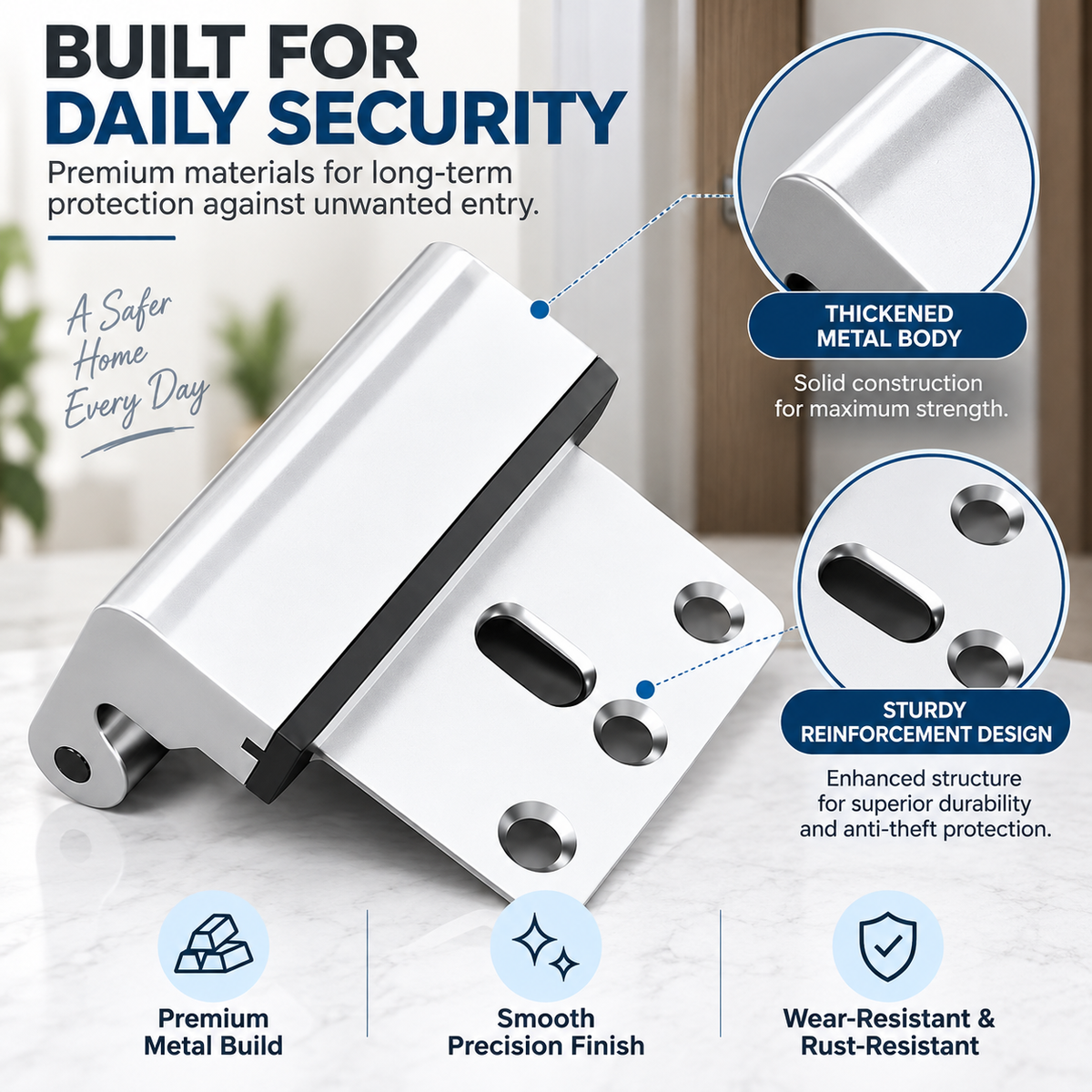 Metal door reinforcement lock showing thickened body and reinforced mounting plate