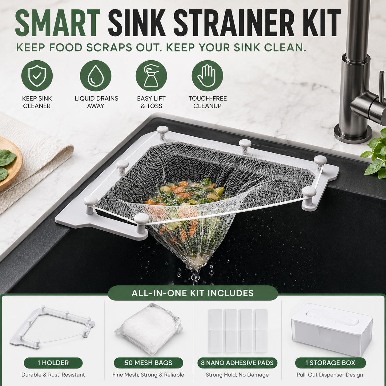 🗑️ Smart Sink Strainer Holder Kit With 50 Mesh Bags – Keep Food Scraps Away From Your Drain