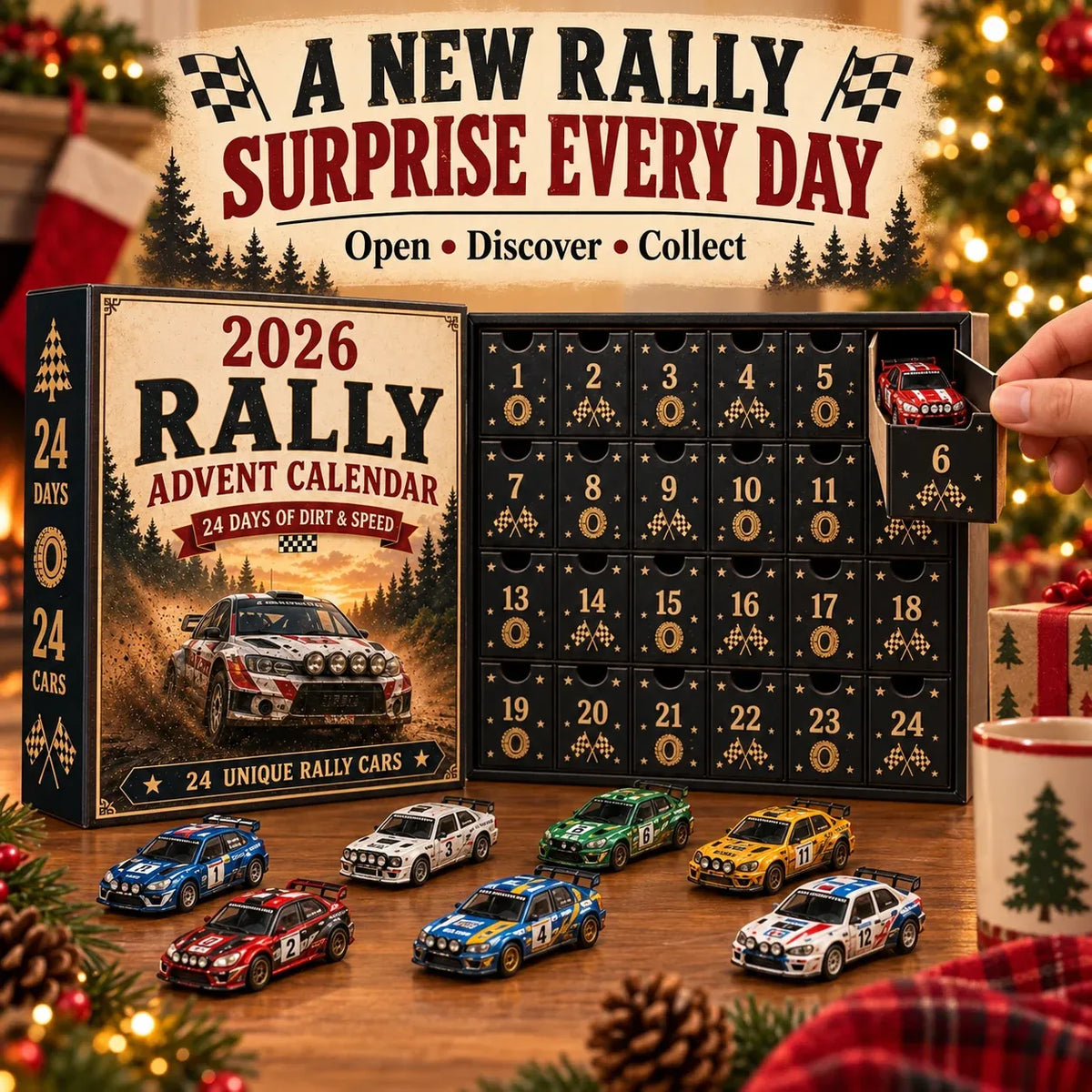Numbered compartments in the miniature rally car advent calendar