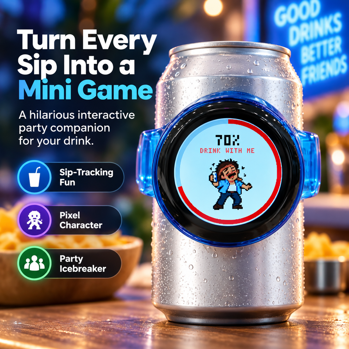 🎮 Interactive Pixel Party Can Companion – Motion-Responsive Mini Game Drink Gadget