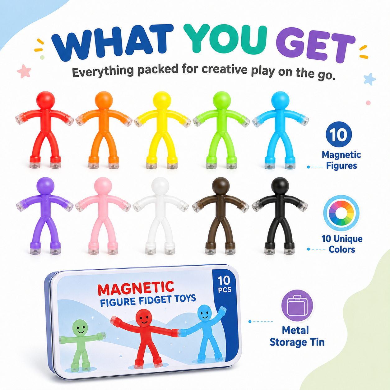 What you get 10 magnetic figures in 10 colors and metal storage tin