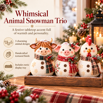 🐮 Farm Animal Snowman Trio – Highland Cow, Pig & Chicken Christmas Decorations with Rustic Tray