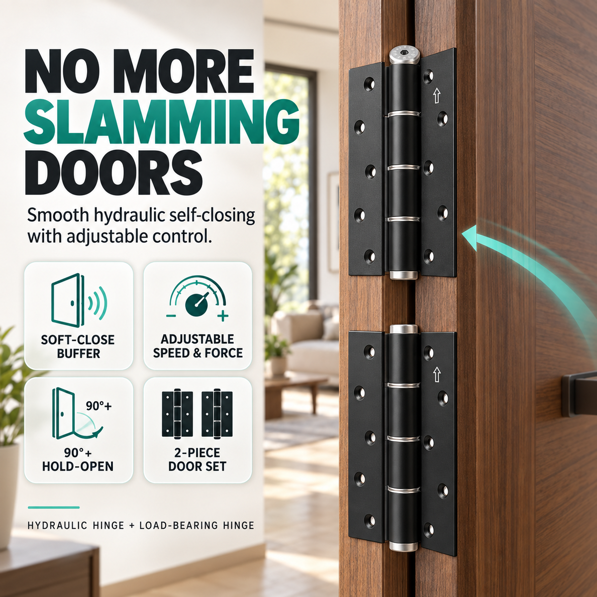 2-Piece Hydraulic Self-Closing Door Hinge Set – Adjustable Soft Close & 90° Hold-Open