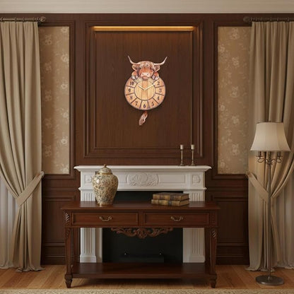🐄 Swinging Tail Highland Cow Wall Clock – Rustic Farmhouse Decor